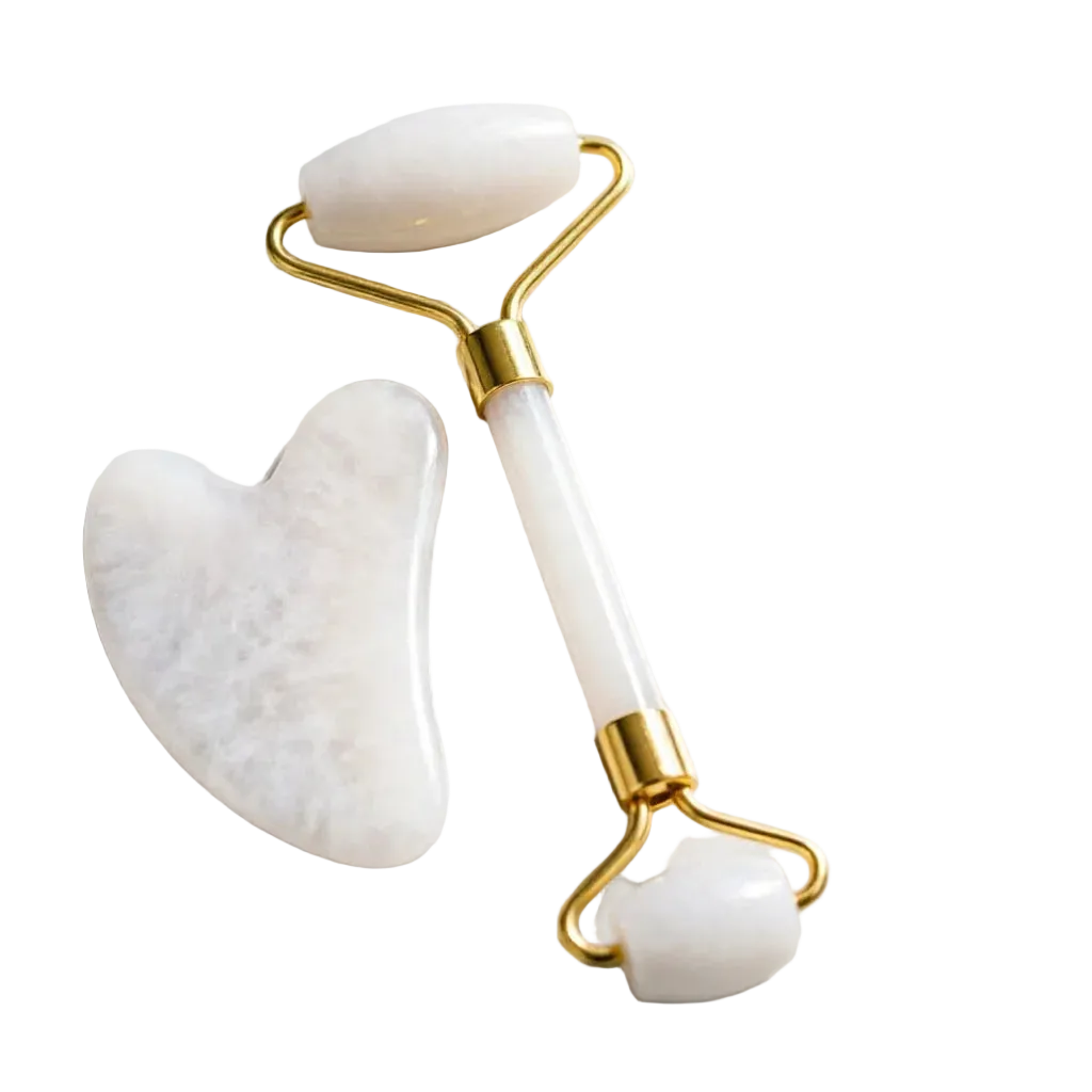 Gua Sha + Rodillo de Quarzo Blanco Natural - Set para Ritual de Skincare Antiedad