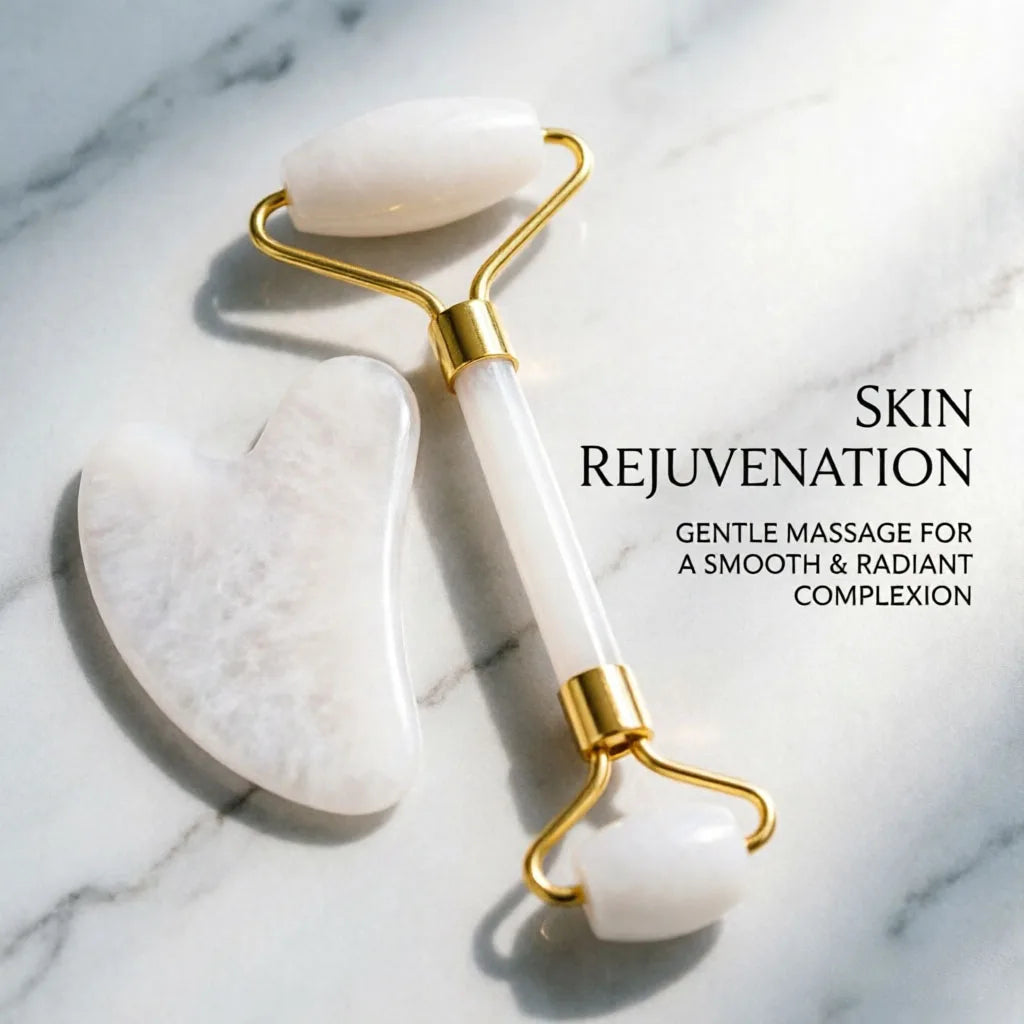 Gua Sha + Rodillo de Quarzo Blanco Natural -  Set para Ritual de Skincare Antiedad