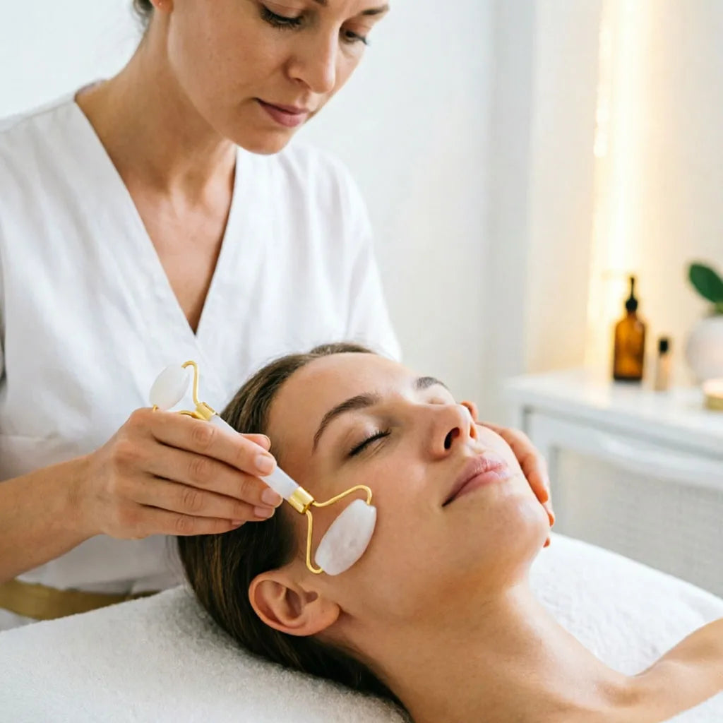 Gua Sha + Rodillo de Quarzo Blanco Natural -  Set para Ritual de Skincare Antiedad